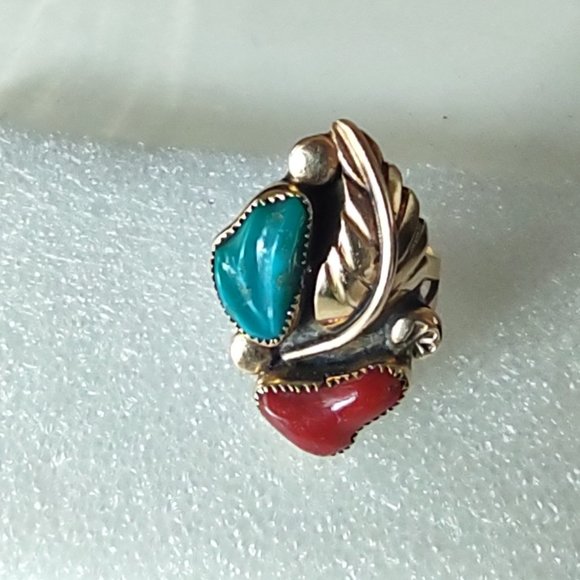 Ben Eustace Sterling Silver Carved Turquoise, Coral Floral Leaf Ring Size: 6 - Picture 4 of 10